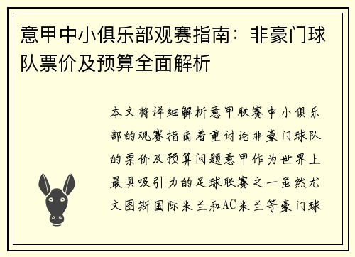 意甲中小俱乐部观赛指南：非豪门球队票价及预算全面解析