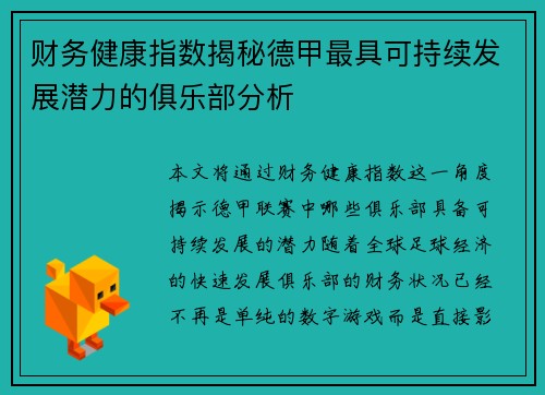 财务健康指数揭秘德甲最具可持续发展潜力的俱乐部分析
