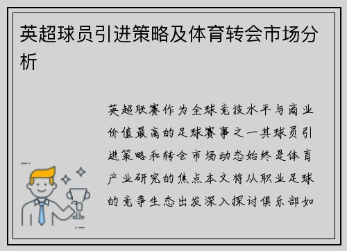 英超球员引进策略及体育转会市场分析