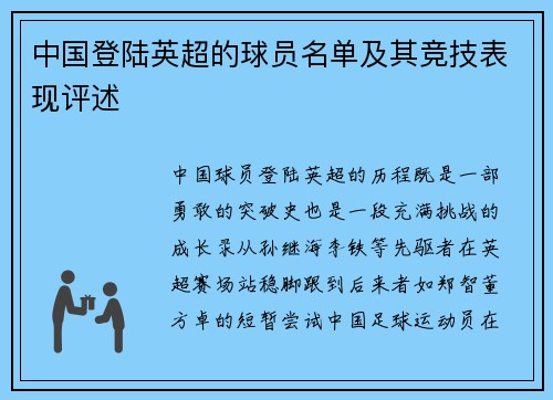 中国登陆英超的球员名单及其竞技表现评述